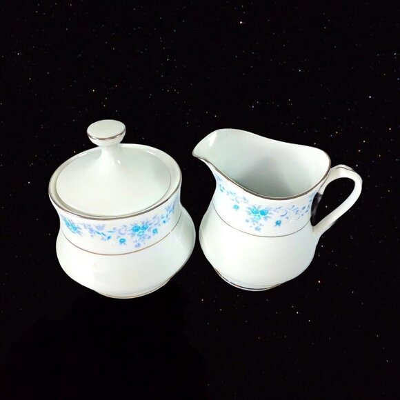 Vintage China Pearl Helen Creamer With Blue Flower Silver Trim Sugar Cream 4”T - Picture 2 of 5